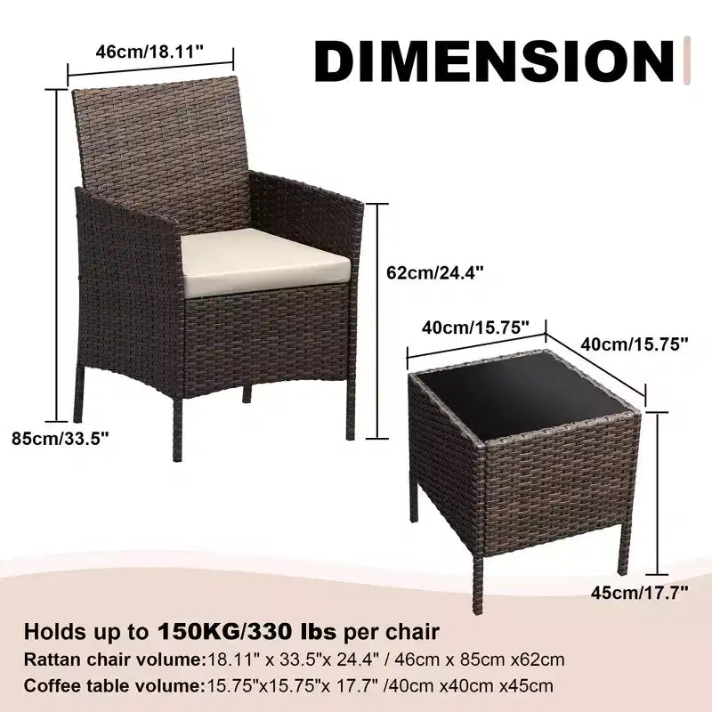 Ensemble de patio 3 pièces avec rotin PE Salon de conversation d'extérieur pour véranda, 2 chaises et table basse Ensemble de meubles de balcon et bistro