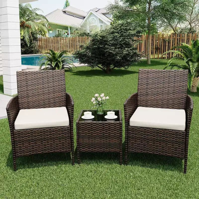 Ensemble de patio 3 pièces avec rotin PE Salon de conversation d'extérieur pour véranda, 2 chaises et table basse Ensemble de meubles de balcon et bistro
