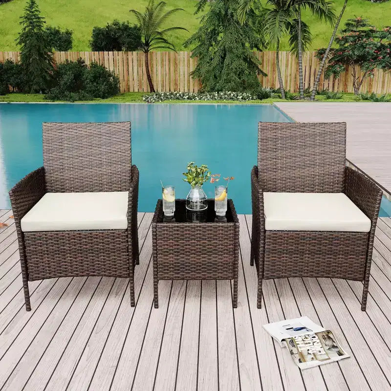 Ensemble de patio 3 pièces avec rotin PE Salon de conversation d'extérieur pour véranda, 2 chaises et table basse Ensemble de meubles de balcon et bistro