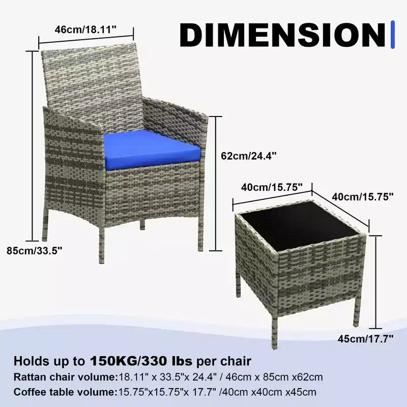 Ensemble de patio 3 pièces avec rotin PE Salon de conversation d'extérieur pour véranda, 2 chaises et table basse Ensemble de meubles de balcon et bistro