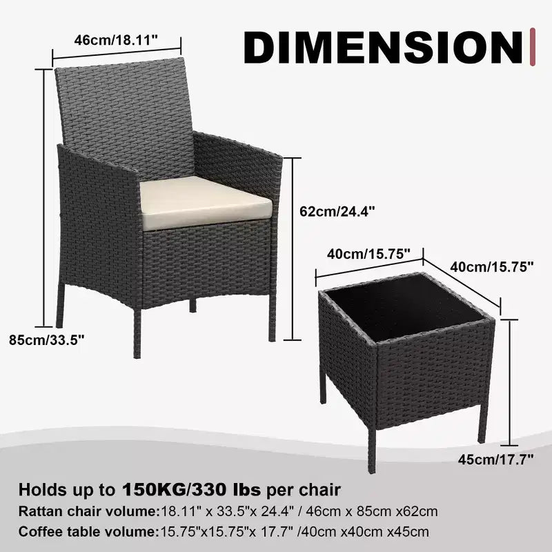 Ensemble de patio 3 pièces avec rotin PE Salon de conversation d'extérieur pour véranda, 2 chaises et table basse Ensemble de meubles de balcon et bistro