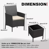 Ensemble de patio 3 pièces avec rotin PE Salon de conversation d'extérieur pour véranda, 2 chaises et table basse Ensemble de meubles de balcon et bistro
