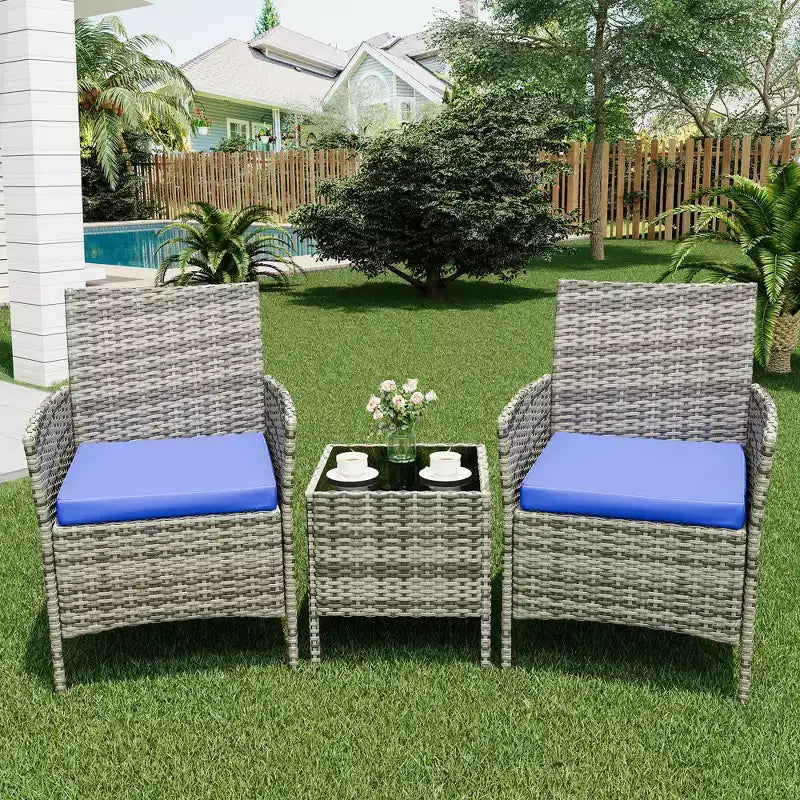 Ensemble de patio 3 pièces avec rotin PE Salon de conversation d'extérieur pour véranda, 2 chaises et table basse Ensemble de meubles de balcon et bistro