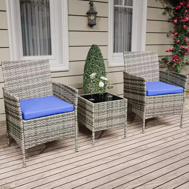 Ensemble de patio 3 pièces avec rotin PE Salon de conversation d'extérieur pour véranda, 2 chaises et table basse Ensemble de meubles de balcon et bistro
