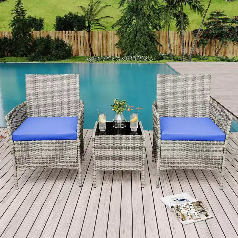 Ensemble de patio 3 pièces avec rotin PE Salon de conversation d'extérieur pour véranda, 2 chaises et table basse Ensemble de meubles de balcon et bistro