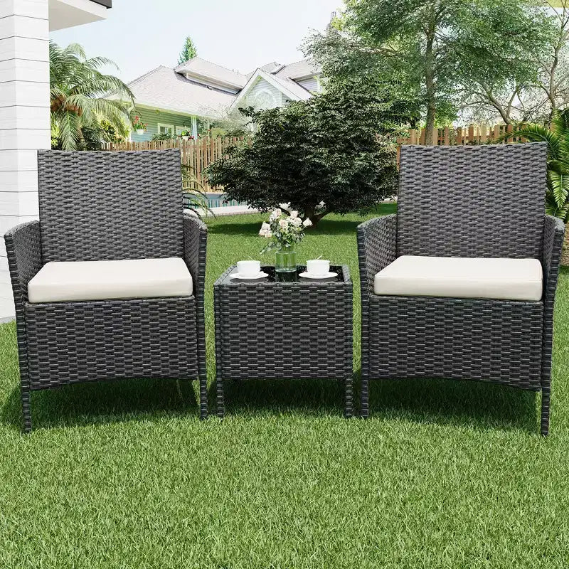 Ensemble de patio 3 pièces avec rotin PE Salon de conversation d'extérieur pour véranda, 2 chaises et table basse Ensemble de meubles de balcon et bistro