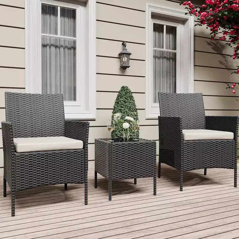 Ensemble de patio 3 pièces avec rotin PE Salon de conversation d'extérieur pour véranda, 2 chaises et table basse Ensemble de meubles de balcon et bistro