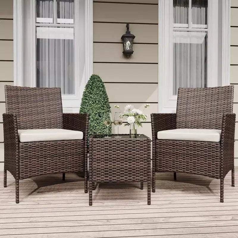 Ensemble de patio 3 pièces avec rotin PE Salon de conversation d'extérieur pour véranda, 2 chaises et table basse Ensemble de meubles de balcon et bistro