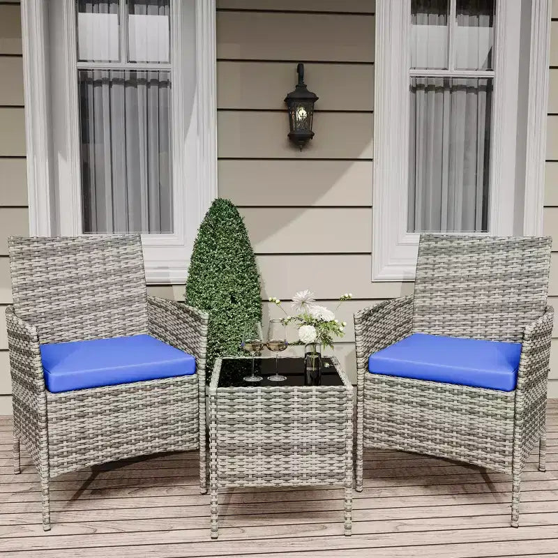 Ensemble de patio 3 pièces avec rotin PE Salon de conversation d'extérieur pour véranda, 2 chaises et table basse Ensemble de meubles de balcon et bistro