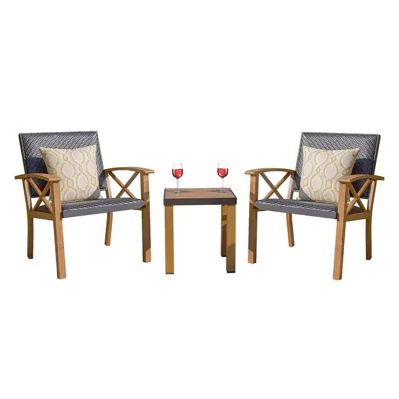 CLIHOME Salon de Conversation 3 Pièces pour Extérieur, Ensemble Bistro Table et Chaises en Aluminium Grain de Bois et Résine Tressée