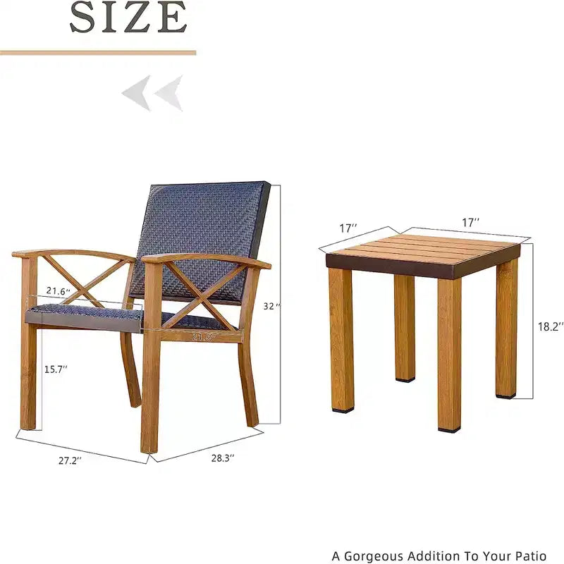 CLIHOME Salon de Conversation 3 Pièces pour Extérieur, Ensemble Bistro Table et Chaises en Aluminium Grain de Bois et Résine Tressée