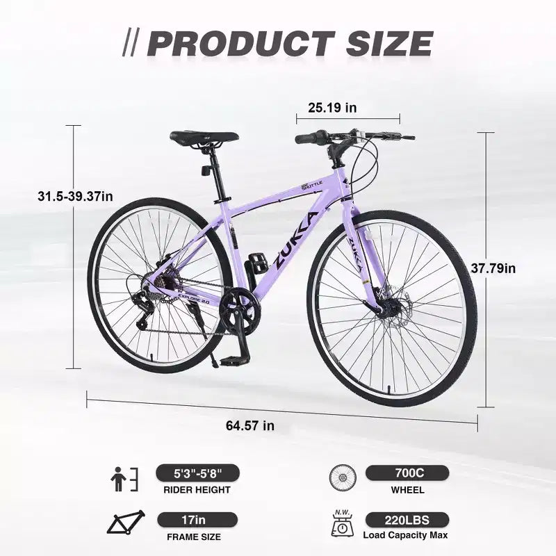 Vélo tout terrain hybride NAYSAYE 7 vitesses à cadre en aluminium, double frein à disque, pour adultes et enfants, 64,57*25,19*37,79