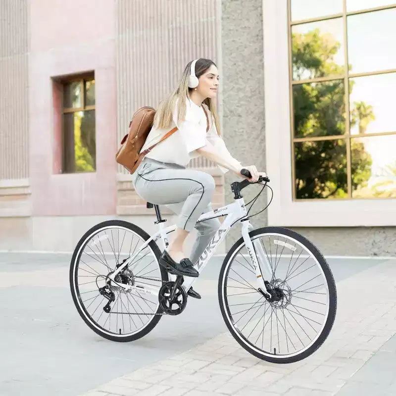 Vélo tout terrain hybride NAYSAYE 7 vitesses à cadre en aluminium, double frein à disque, pour adultes et enfants, 64,57*25,19*37,79