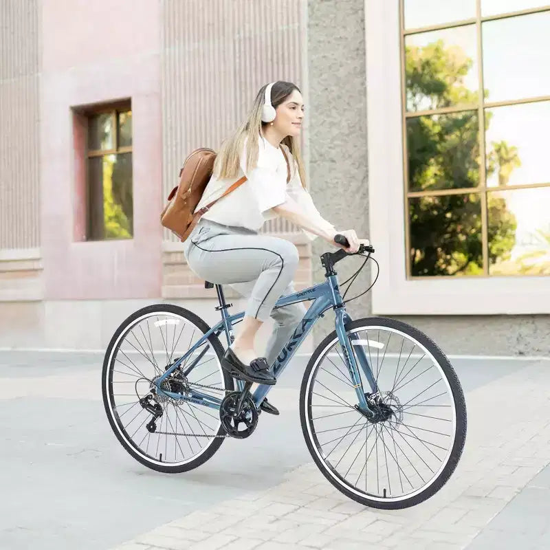 Vélo tout terrain hybride NAYSAYE 7 vitesses à cadre en aluminium, double frein à disque, pour adultes et enfants, 64,57*25,19*37,79