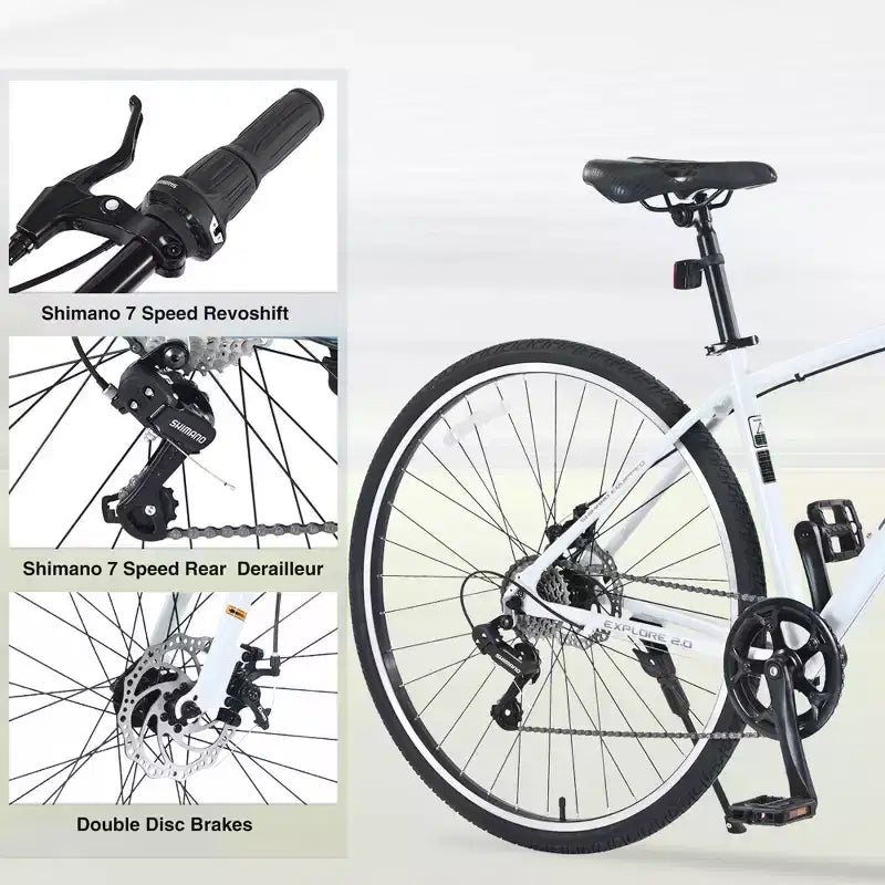 Vélo tout terrain hybride NAYSAYE 7 vitesses à cadre en aluminium, double frein à disque, pour adultes et enfants, 64,57*25,19*37,79