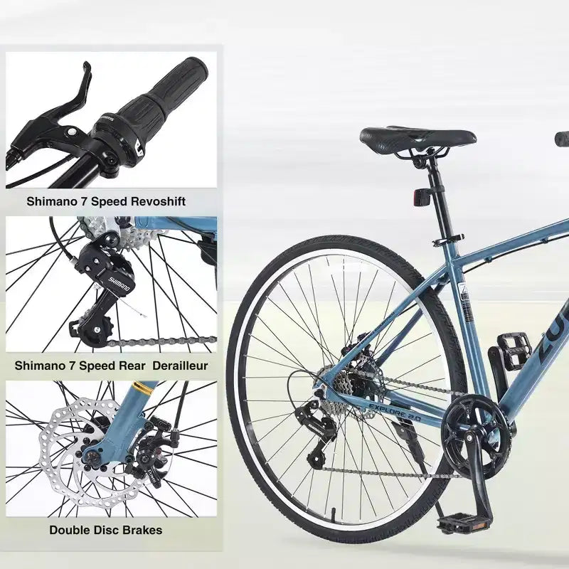 Vélo tout terrain hybride NAYSAYE 7 vitesses à cadre en aluminium, double frein à disque, pour adultes et enfants, 64,57*25,19*37,79