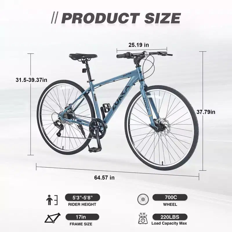 Vélo tout terrain hybride NAYSAYE 7 vitesses à cadre en aluminium, double frein à disque, pour adultes et enfants, 64,57*25,19*37,79