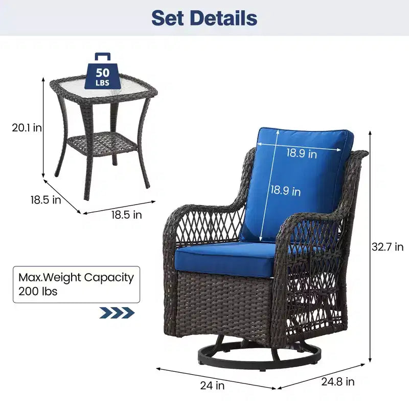 Ensemble table à manger de patio 3 pièces - Ensemble bistro à bascule en résine tressée avec 2 chaises pivotantes et table à plateau en verre trempé, mobilier d'extérieur en rotin