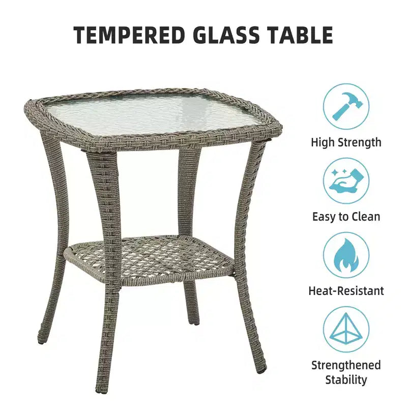 Ensemble table à manger de patio 3 pièces - Ensemble bistro à bascule en résine tressée avec 2 chaises pivotantes et table à plateau en verre trempé, mobilier d'extérieur en rotin