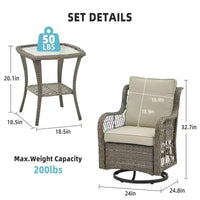 Ensemble table à manger de patio 3 pièces - Ensemble bistro à bascule en résine tressée avec 2 chaises pivotantes et table à plateau en verre trempé, mobilier d'extérieur en rotin