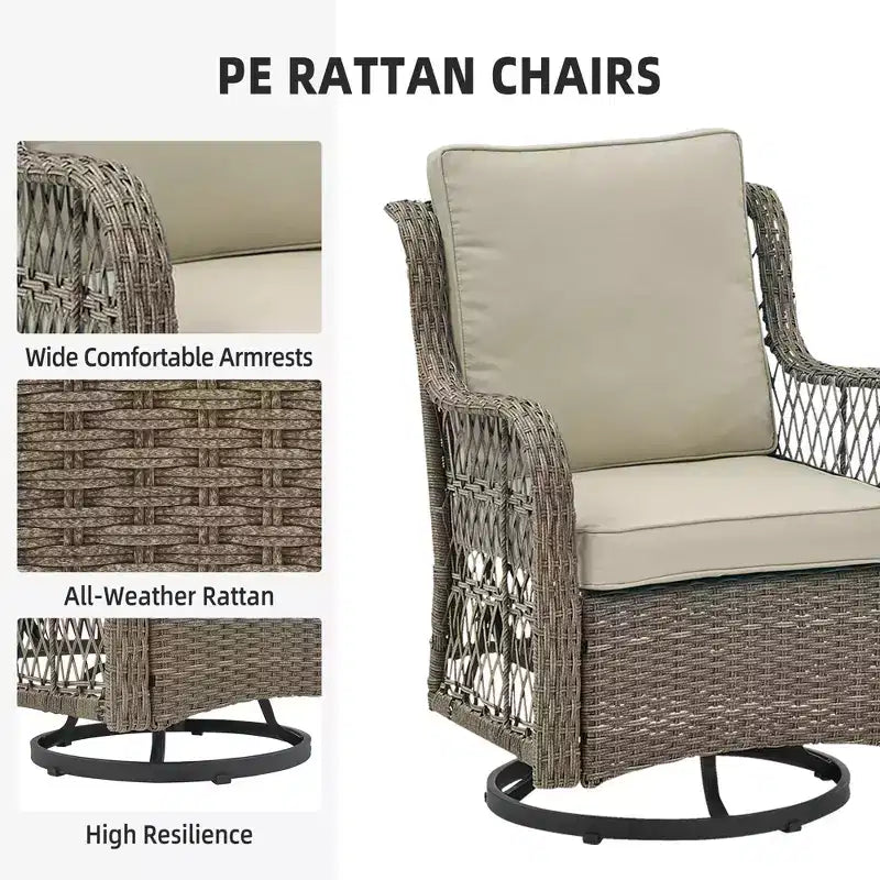 Ensemble table à manger de patio 3 pièces - Ensemble bistro à bascule en résine tressée avec 2 chaises pivotantes et table à plateau en verre trempé, mobilier d'extérieur en rotin
