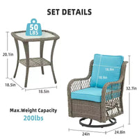 Ensemble table à manger de patio 3 pièces - Ensemble bistro à bascule en résine tressée avec 2 chaises pivotantes et table à plateau en verre trempé, mobilier d'extérieur en rotin