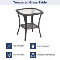 Ensemble table à manger de patio 3 pièces - Ensemble bistro à bascule en résine tressée avec 2 chaises pivotantes et table à plateau en verre trempé, mobilier d'extérieur en rotin