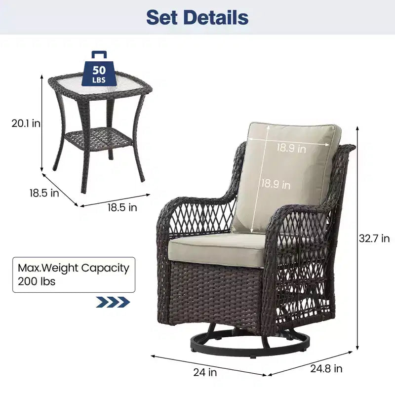 Ensemble table à manger de patio 3 pièces - Ensemble bistro à bascule en résine tressée avec 2 chaises pivotantes et table à plateau en verre trempé, mobilier d'extérieur en rotin