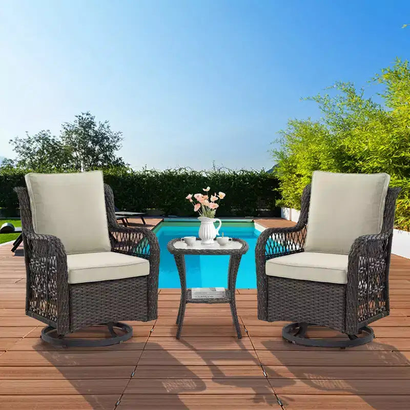 3 Piece Patio Dining Table Set, Wicker Rocking Bistro Set with 2 Swivel Chairs & Tempered Glass Top Table, Rattan Outdoor Furniture