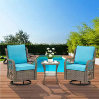Ensemble table à manger de patio 3 pièces - Ensemble bistro à bascule en résine tressée avec 2 chaises pivotantes et table à plateau en verre trempé, mobilier d'extérieur en rotin