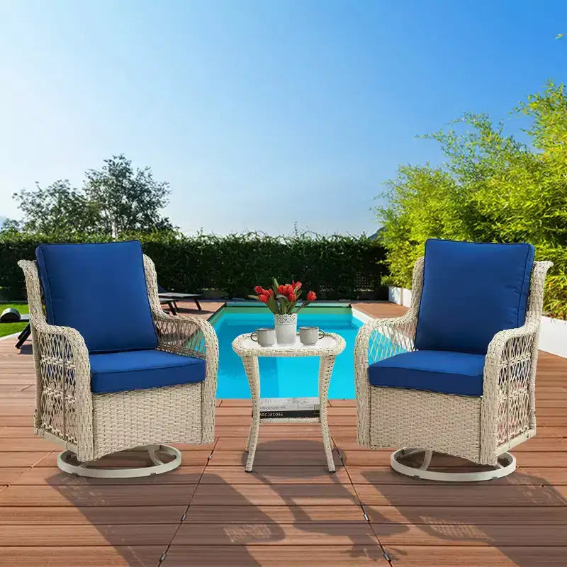 Ensemble table à manger de patio 3 pièces - Ensemble bistro à bascule en résine tressée avec 2 chaises pivotantes et table à plateau en verre trempé, mobilier d'extérieur en rotin