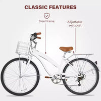 hykolity Vélo de Ville 26 pouces, Vélo de Plage, Vélo de Cyclisme 7 Vitesses pour Adulte, Panier Avant, Porte-Bagages Arrière, Multicolore