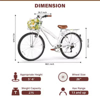 hykolity Vélo de Ville 26 pouces, Vélo de Plage, Vélo de Cyclisme 7 Vitesses pour Adulte, Panier Avant, Porte-Bagages Arrière, Multicolore