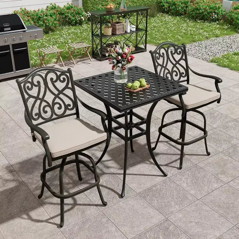Ensemble de bistrot d'extérieur Mondawe noir 3 pièces en fonte d'aluminium avec 2 chaises de bar pivotantes hautes et une table carrée (2 places)