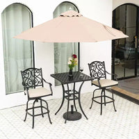 Ensemble de bistrot d'extérieur Mondawe noir 3 pièces en fonte d'aluminium avec 2 chaises de bar pivotantes hautes et une table carrée (2 places)