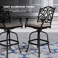 Ensemble de bistrot d'extérieur Mondawe noir 3 pièces en fonte d'aluminium avec 2 chaises de bar pivotantes hautes et une table carrée (2 places)