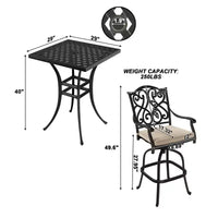 Ensemble de bistrot d'extérieur Mondawe noir 3 pièces en fonte d'aluminium avec 2 chaises de bar pivotantes hautes et une table carrée (2 places)