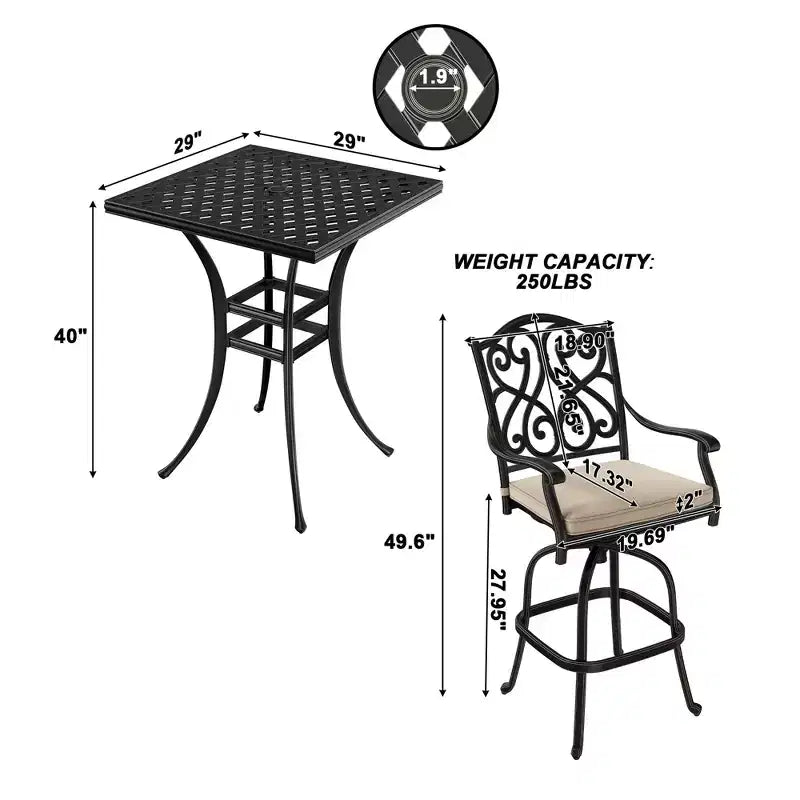 Ensemble de bistrot d'extérieur Mondawe noir 3 pièces en fonte d'aluminium avec 2 chaises de bar pivotantes hautes et une table carrée (2 places)
