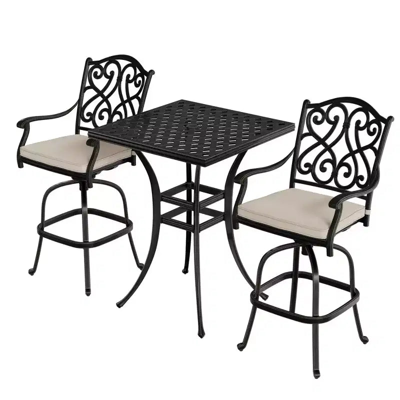 Mondawe Black 3-Piece Cast Aluminum Patio Outdoor Bistro Set with 2 High Bar Swivel Chairs, Square Table (Seat 2)