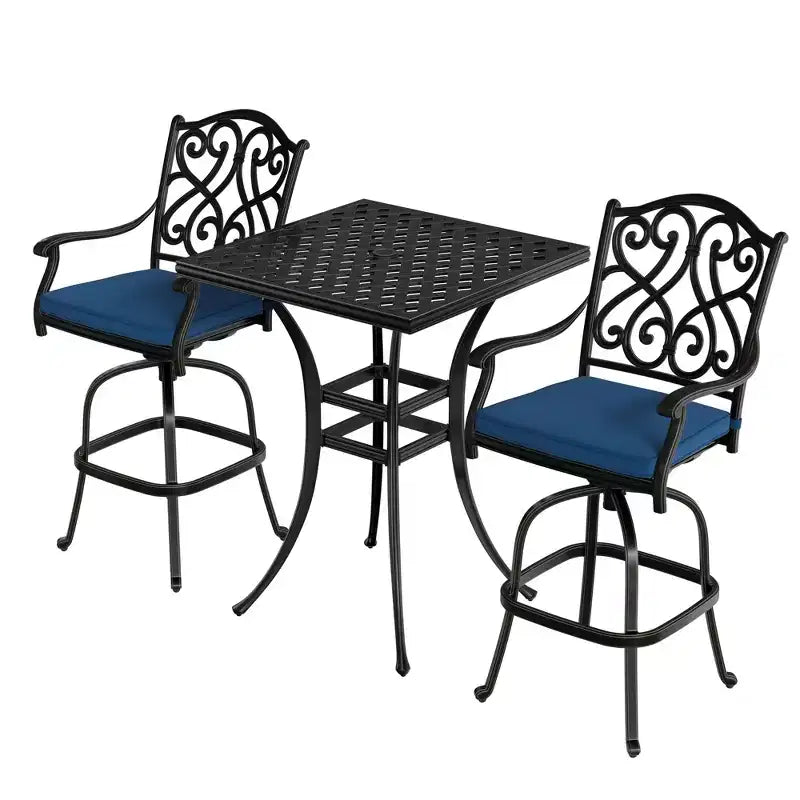 Ensemble de bistrot d'extérieur Mondawe noir 3 pièces en fonte d'aluminium avec 2 chaises de bar pivotantes hautes et une table carrée (2 places)
