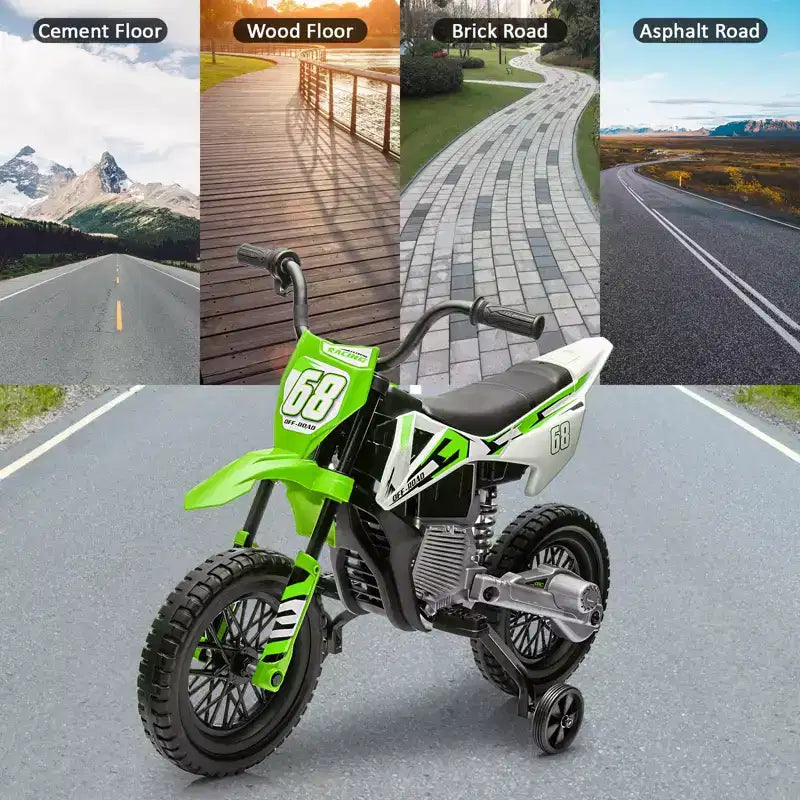 Moto électrique 12V pour enfants avec musique, suspension à ressort, poignée tournante, voiturette pour garçons et filles de 3 à 10 ans