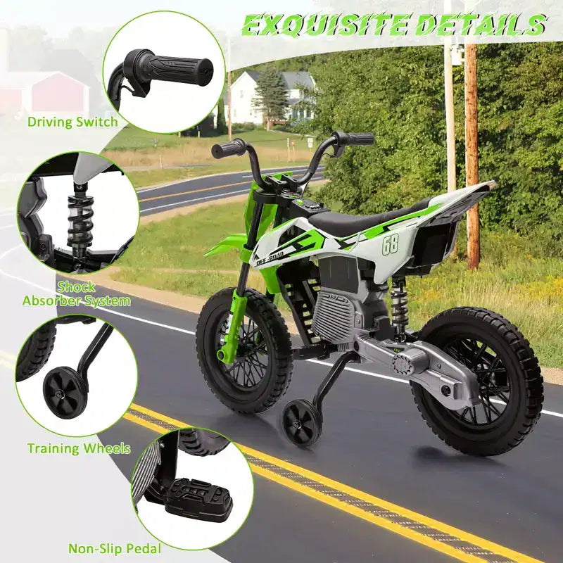 Moto électrique 12V pour enfants avec musique, suspension à ressort, poignée tournante, voiturette pour garçons et filles de 3 à 10 ans