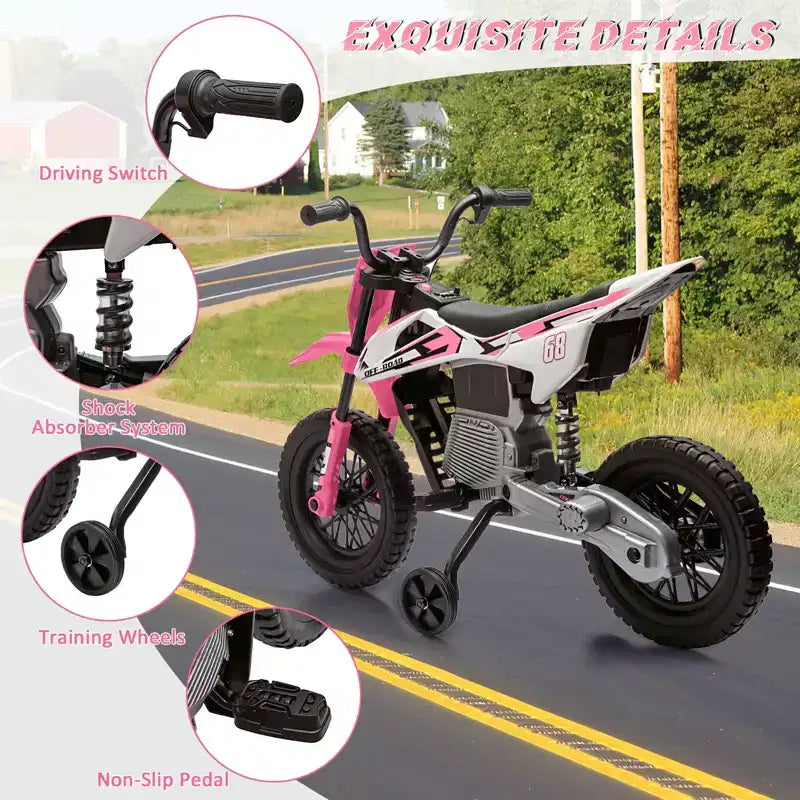 Moto électrique 12V pour enfants avec musique, suspension à ressort, poignée tournante, voiturette pour garçons et filles de 3 à 10 ans