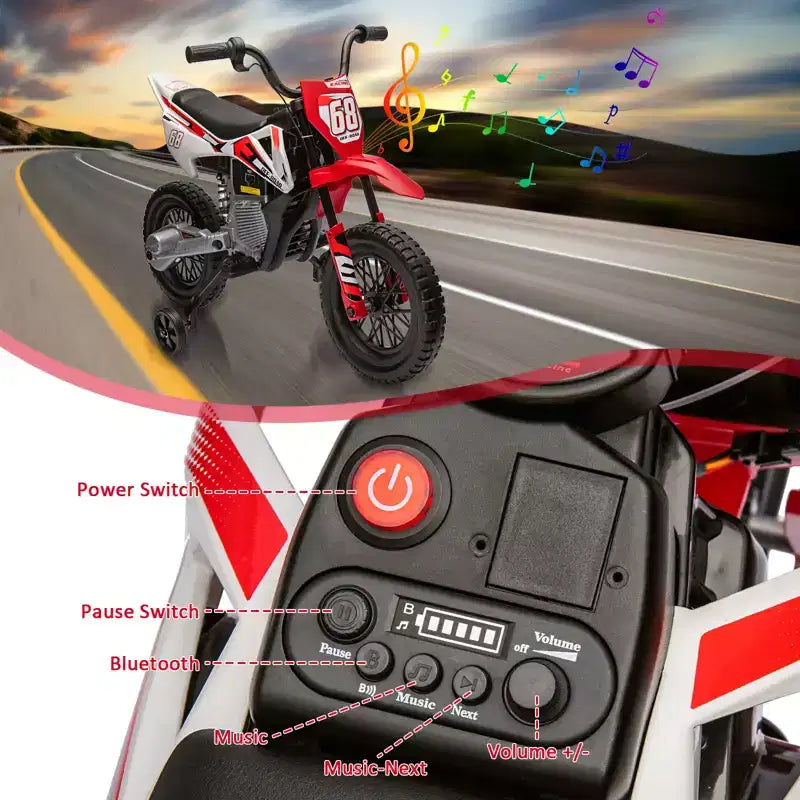 Moto électrique 12V pour enfants avec musique, suspension à ressort, poignée tournante, voiturette pour garçons et filles de 3 à 10 ans