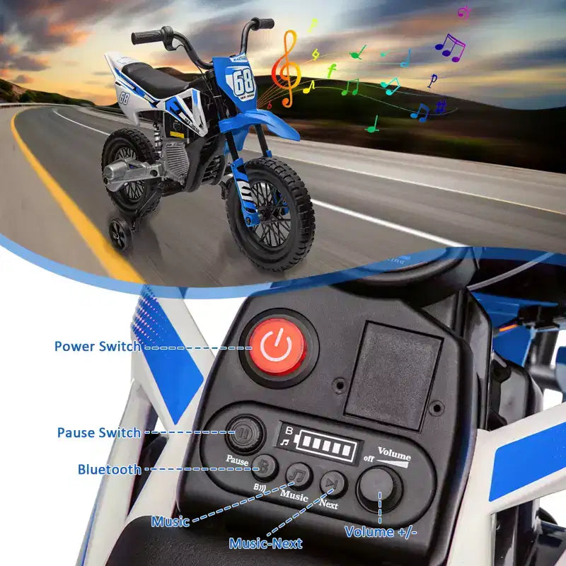 Moto électrique 12V pour enfants avec musique, suspension à ressort, poignée tournante, voiturette pour garçons et filles de 3 à 10 ans