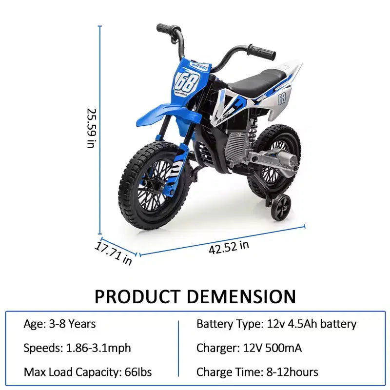 Moto électrique 12V pour enfants avec musique, suspension à ressort, poignée tournante, voiturette pour garçons et filles de 3 à 10 ans