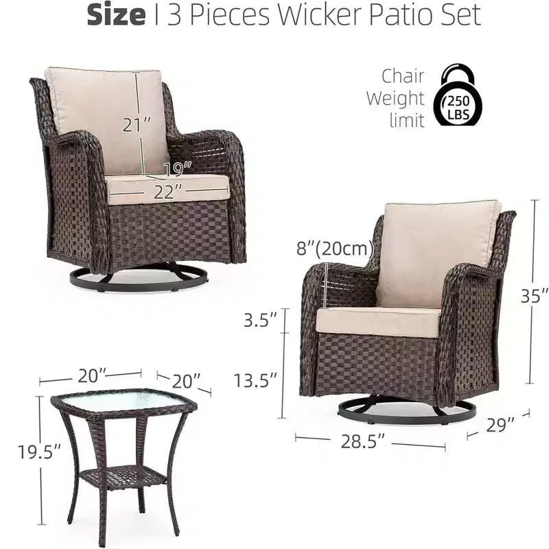 Ensemble bistrot GustoWave 3 pièces en osier pour l'extérieur, idéal pour le jardin, la véranda, la terrasse, le balcon, le patio