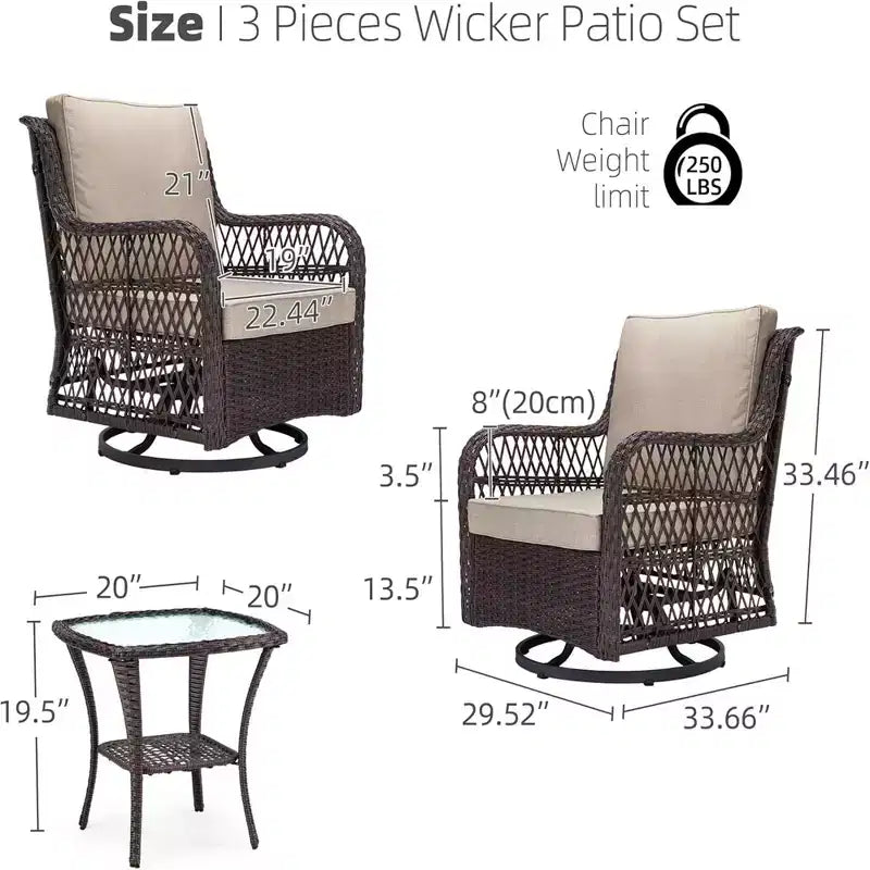 Ensemble bistrot GustoWave 3 pièces en osier pour l'extérieur, idéal pour le jardin, la véranda, la terrasse, le balcon, le patio
