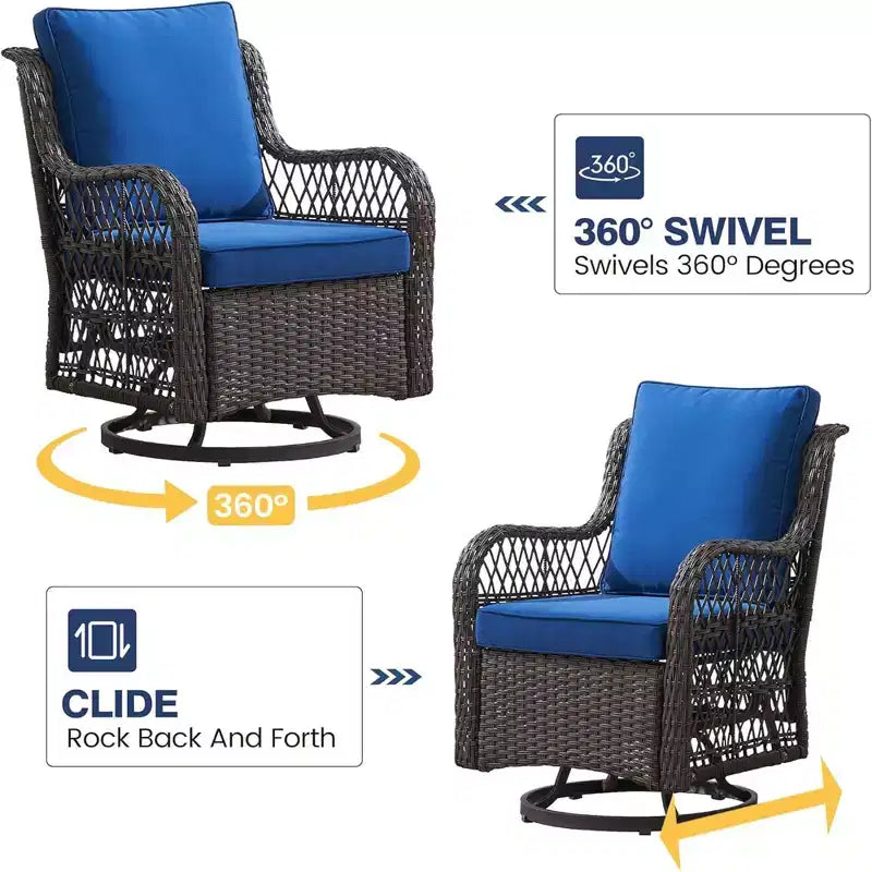 GustoWave Ensemble bistro 3 pièces de fauteuils à bascule d'extérieur en résine tressée avec 2 fauteuils pivotants et plateau en verre trempé pour patio porche jardin