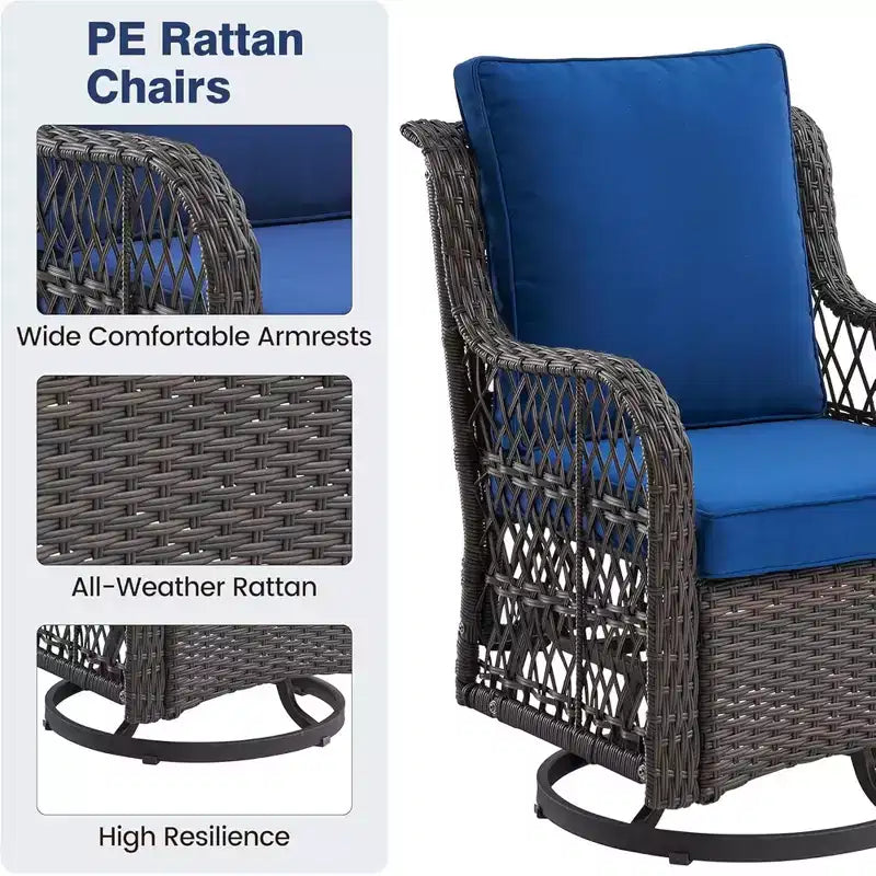GustoWave Ensemble bistro 3 pièces de fauteuils à bascule d'extérieur en résine tressée avec 2 fauteuils pivotants et plateau en verre trempé pour patio porche jardin